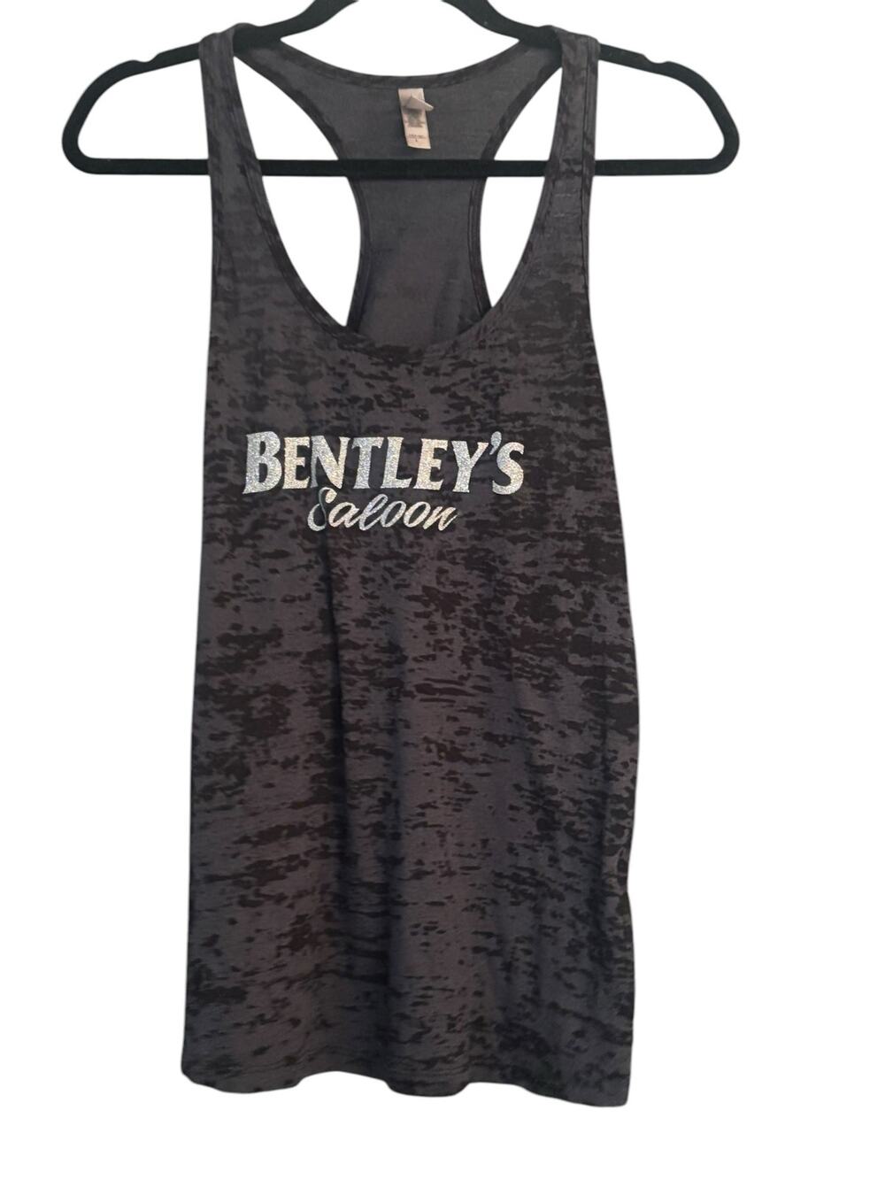 Bentleys Saloon Heathered Gray Tank Top Racer Back Silver Glitter Wings Biker